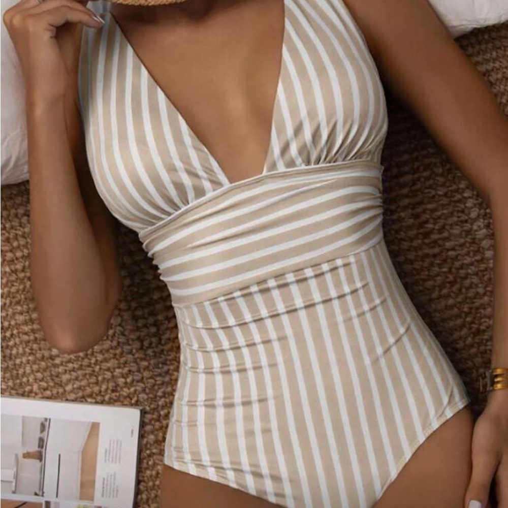 SHEIN Beige and White Striped One Piece Swimsuit
